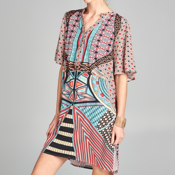 Dresses & Skirts - Pink & Teal Geometric Shortsleeve Shift Dress